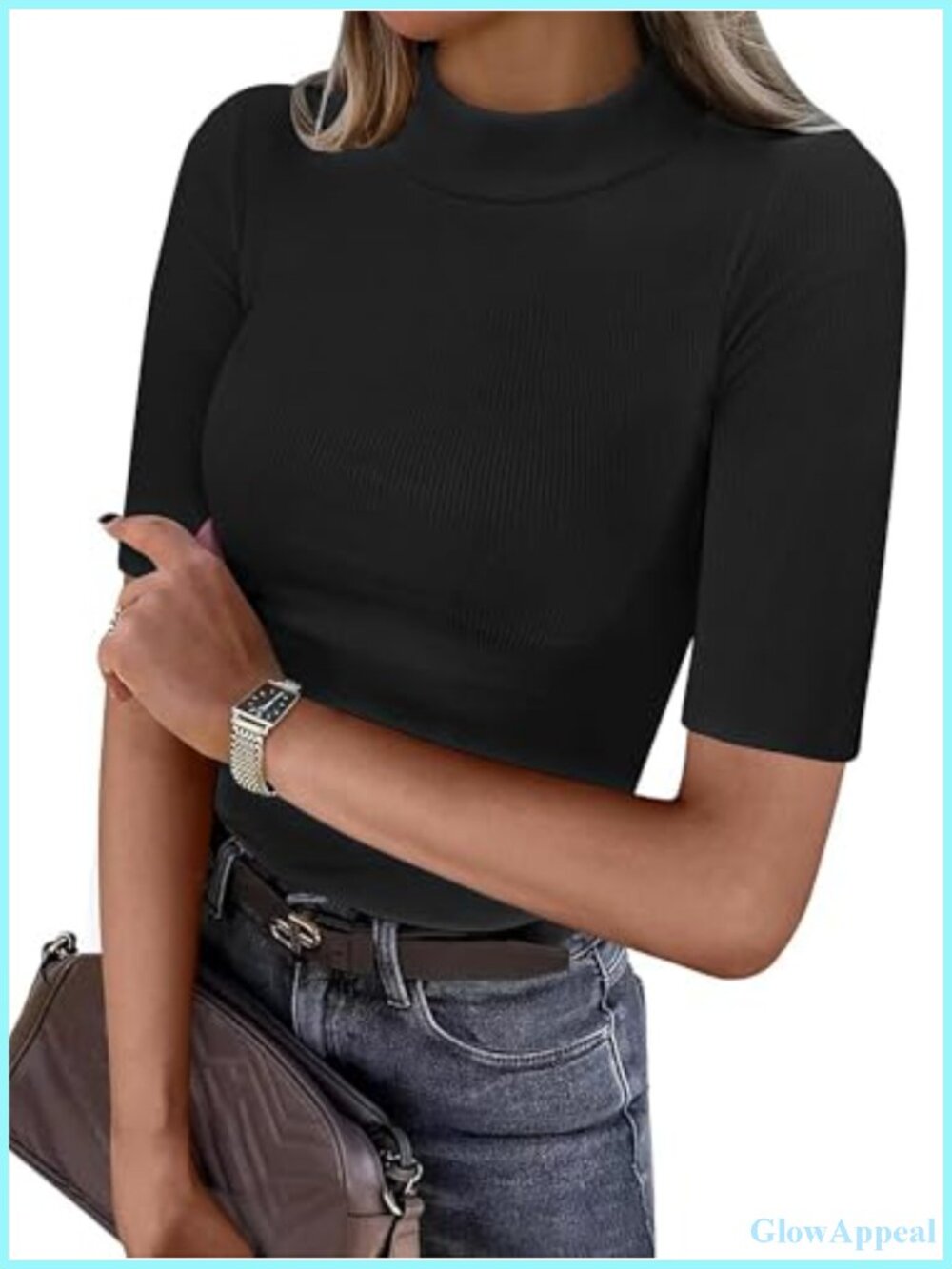 Mock Neck Half Sleeve Ribbed Knit Slim Fit T-Shirt